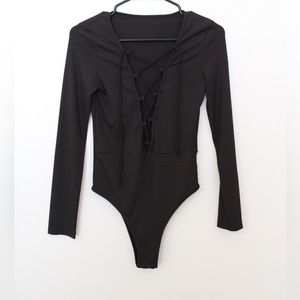 Long Sleeve Upfront Lace Black Bodysuit Shein Size Small
